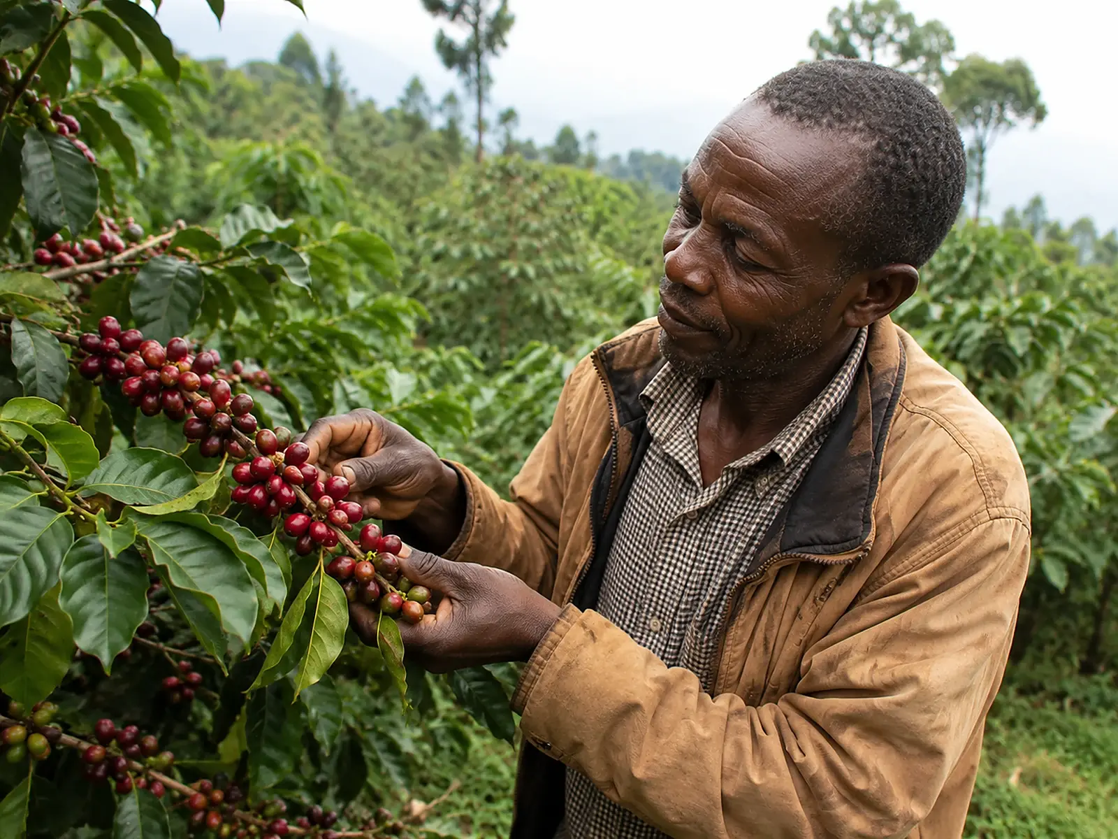 Coffee farmer inspecting coffee cherries at an East African coffee farm