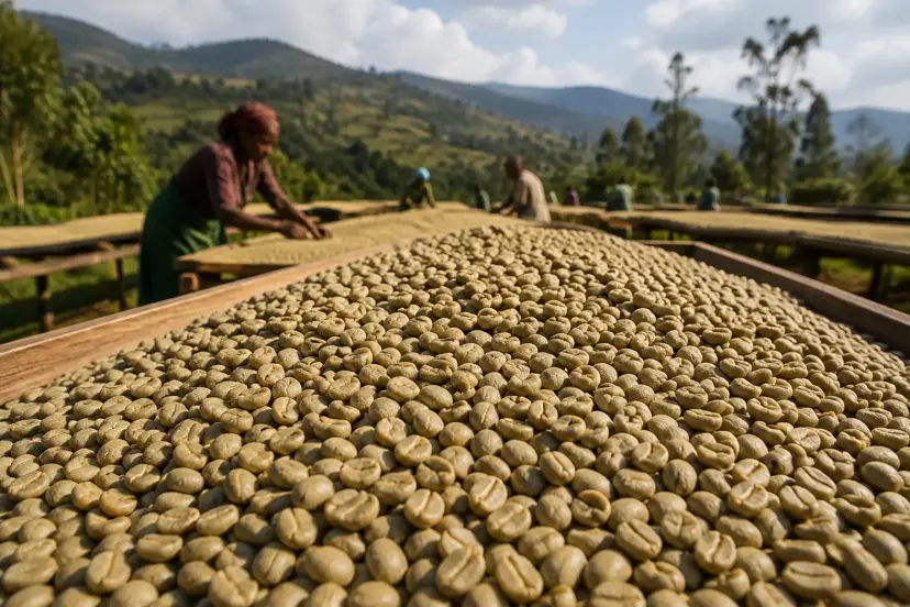 Green coffee beans from Ethiopia drying on raised racks during processing