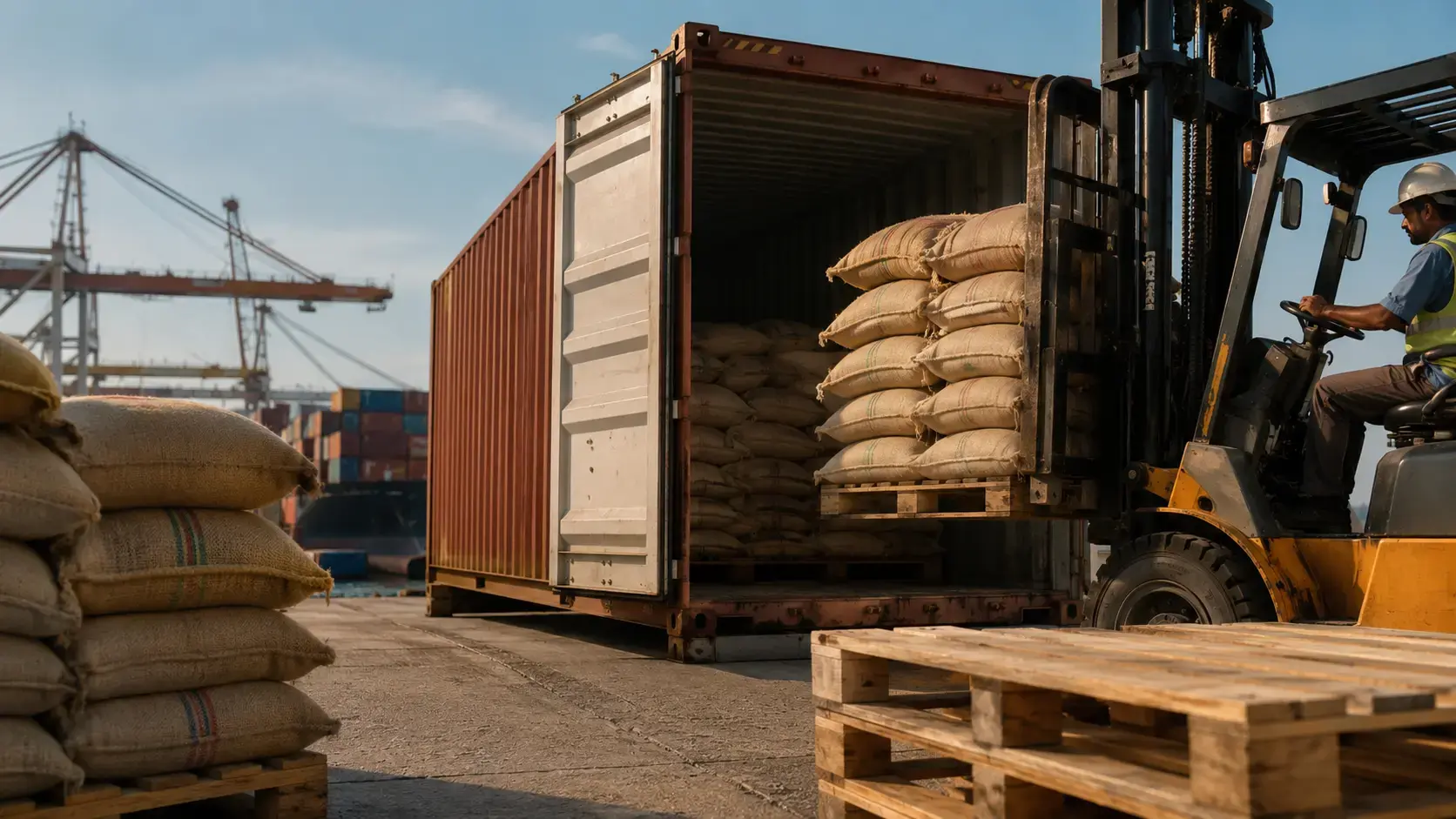 Forklift loading burlap sacks of green coffee beans into a shipping container at port