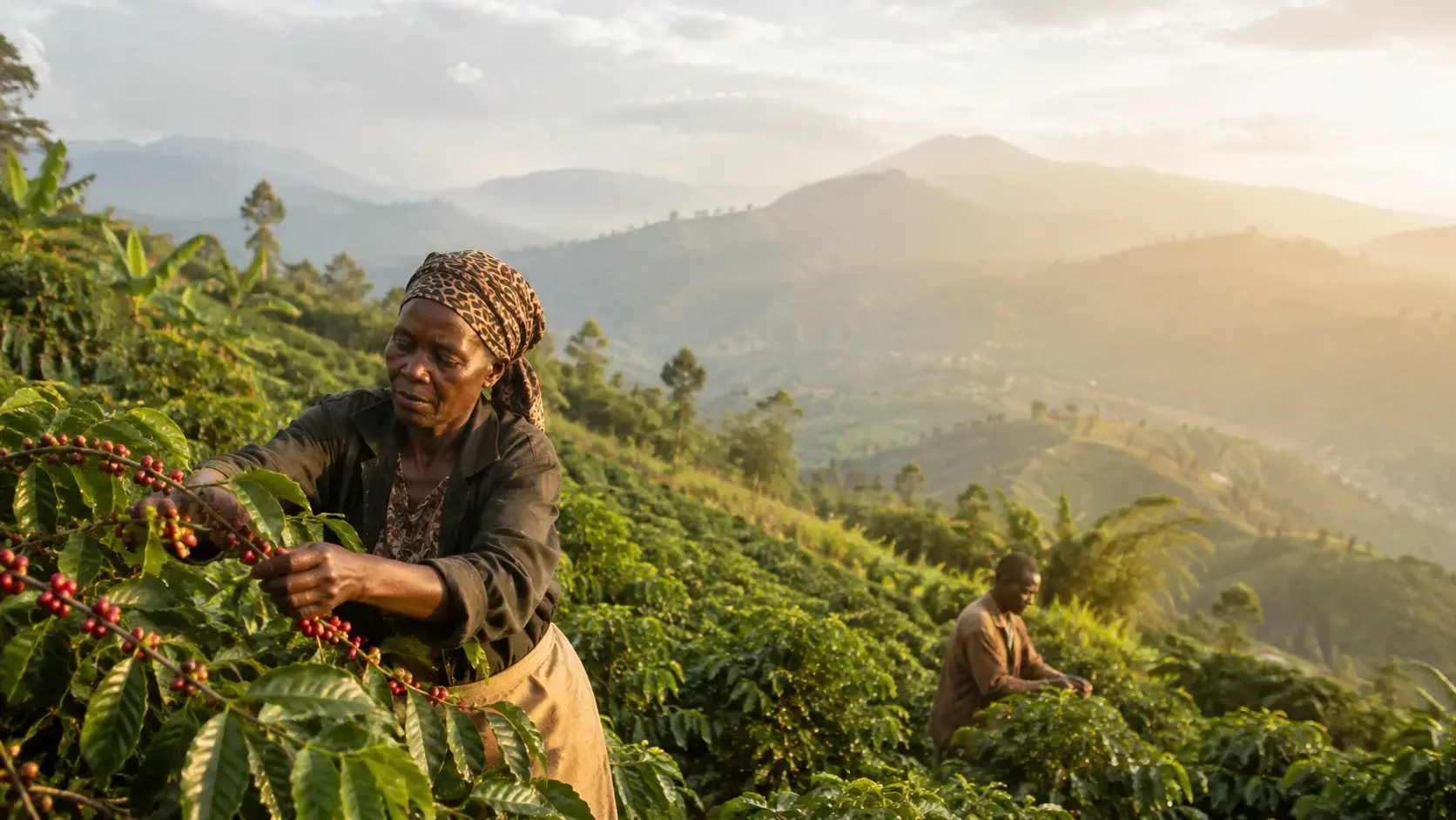 Farmer hand-picking ripe coffee cherries on a hillside coffee plantation