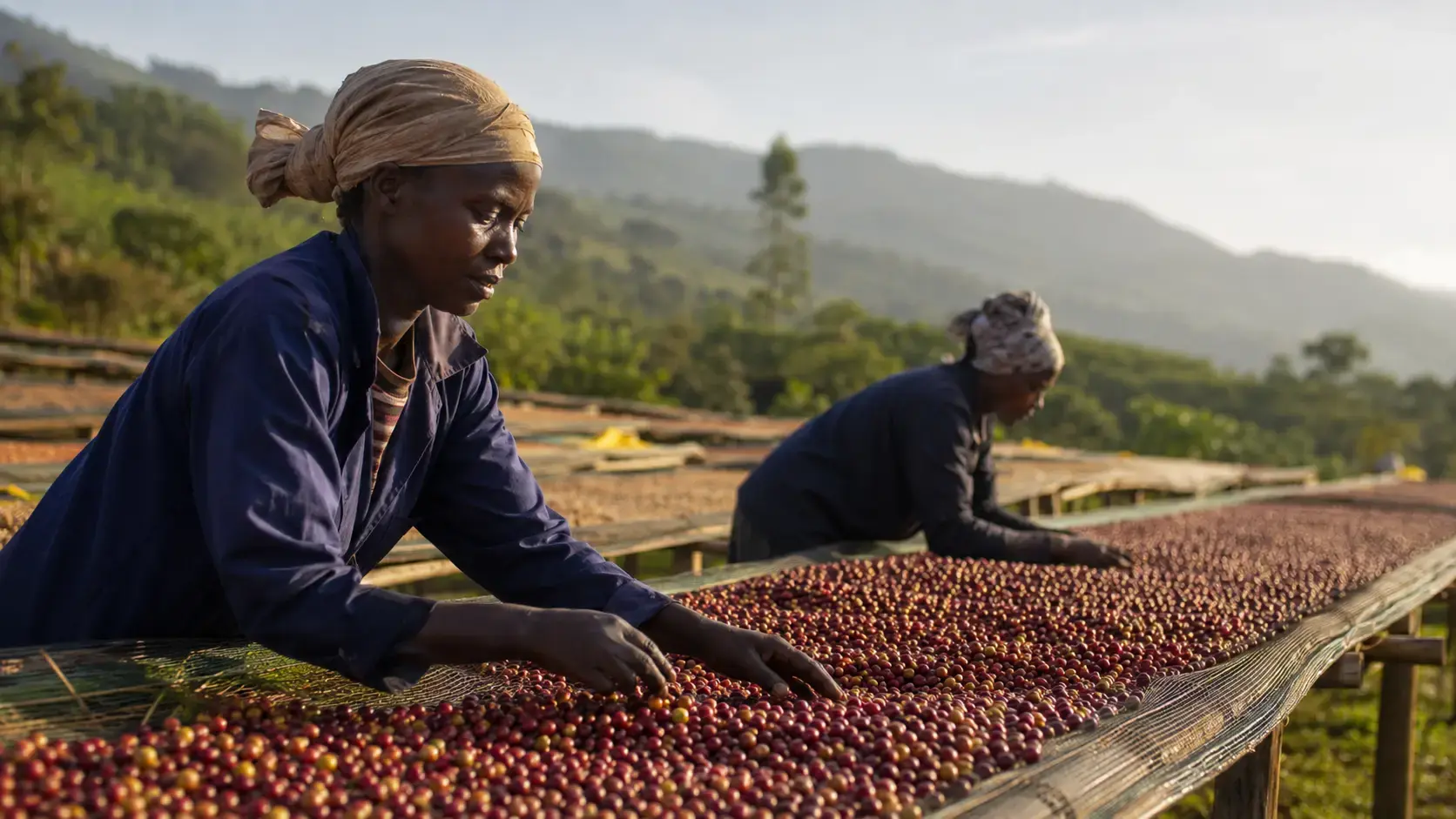 Workers sorting coffee cherries on raised drying beds at an East African farm