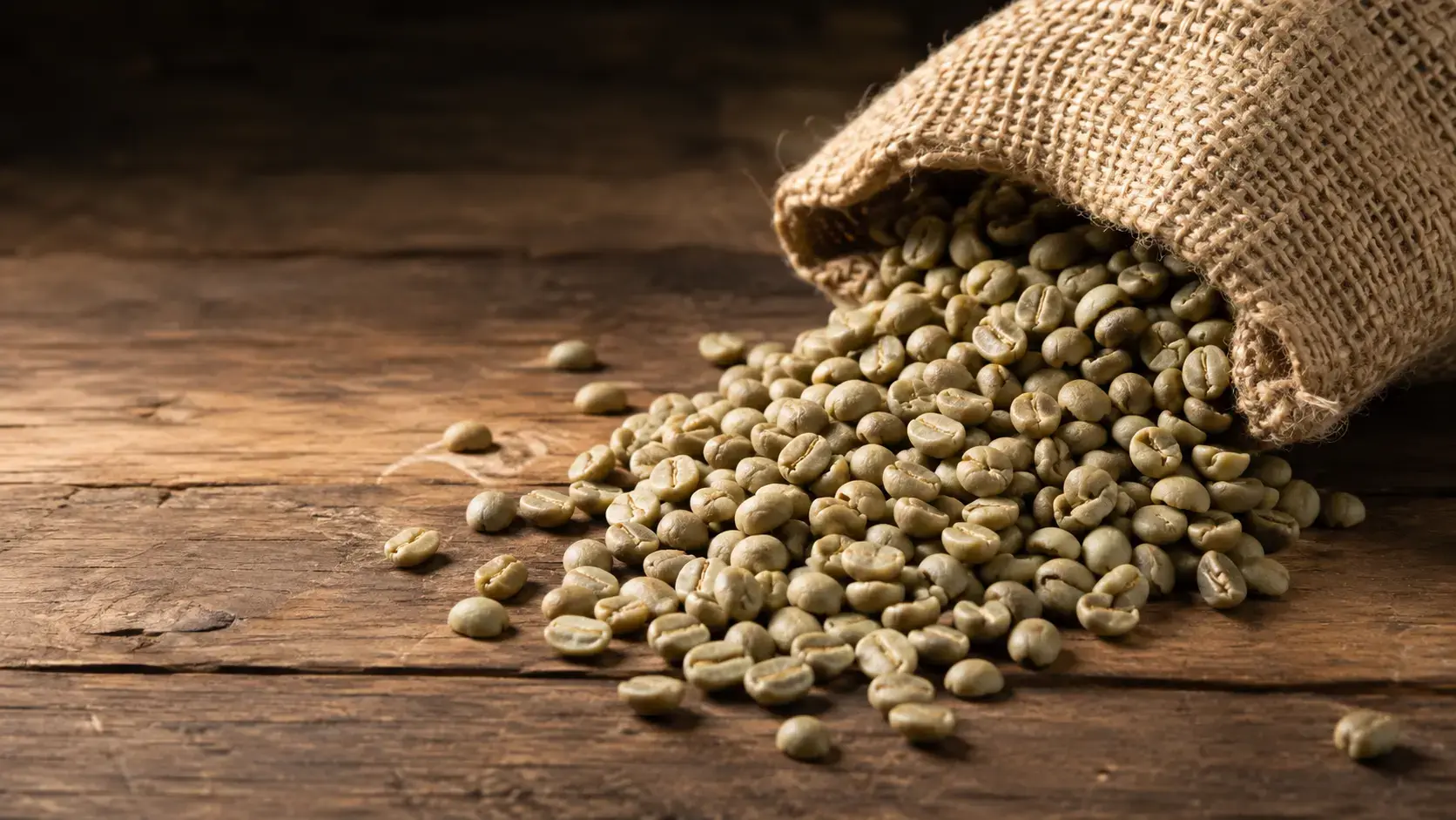 Raw green coffee beans spilling from a burlap sack onto a wooden surface